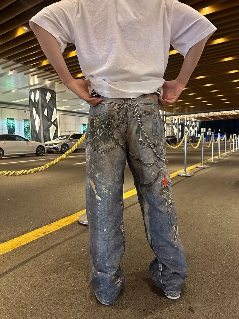 24 صناعة ثقيلة طباعة بصرية ثلاثية الأبعاد علامة تجارية عصرية أسلوب الشارع جينز مستقيم للرجال والنساء - Image 5